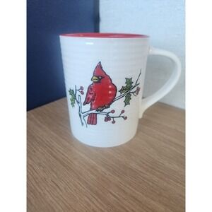 Red Cardinal Bird Winter Ribbed White‎ Coffee Or Tea Mug With Red Lining